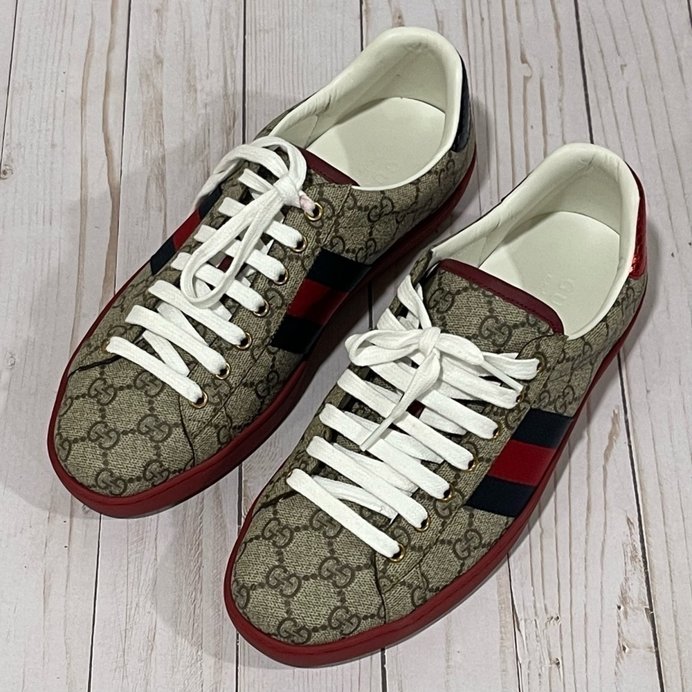GUCCI  Men's Ace GG Supreme Low Top Sneaker Beige Size - 7 - Picture 3 of 15